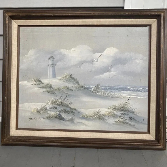 VTG Framed Signed Oil Painting On Canvas Beach Ocean Sea Lighthouse Seacap 25x20